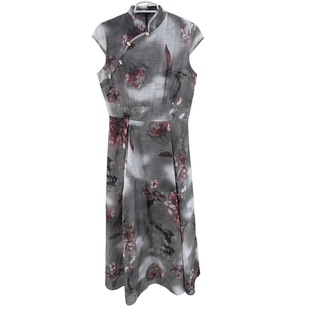 Grey Floral Midi Dress with Mandarin Collar and Cap Sleeves